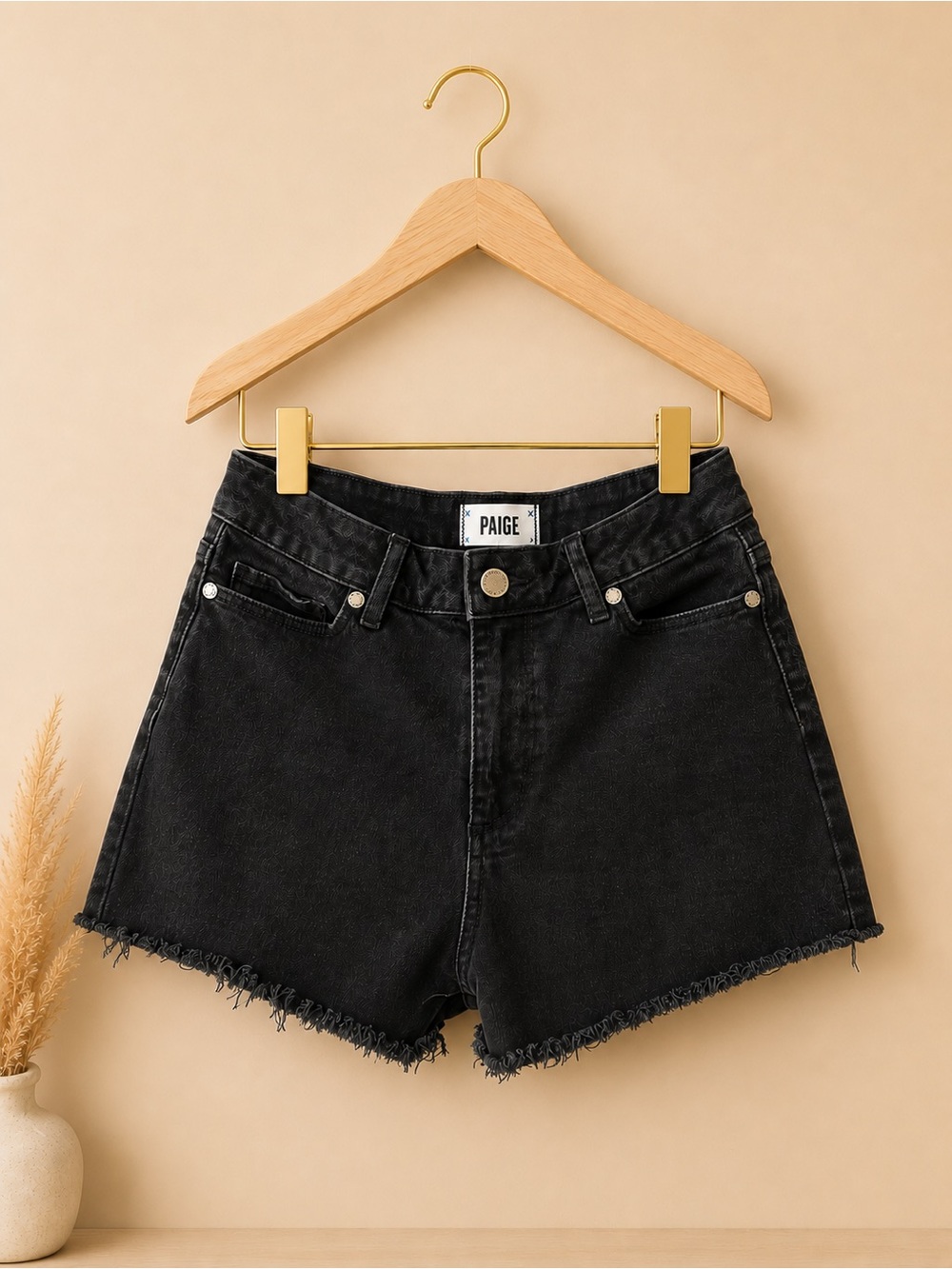 PAIGE Black High-Rise Distressed Hem Jean Shorts